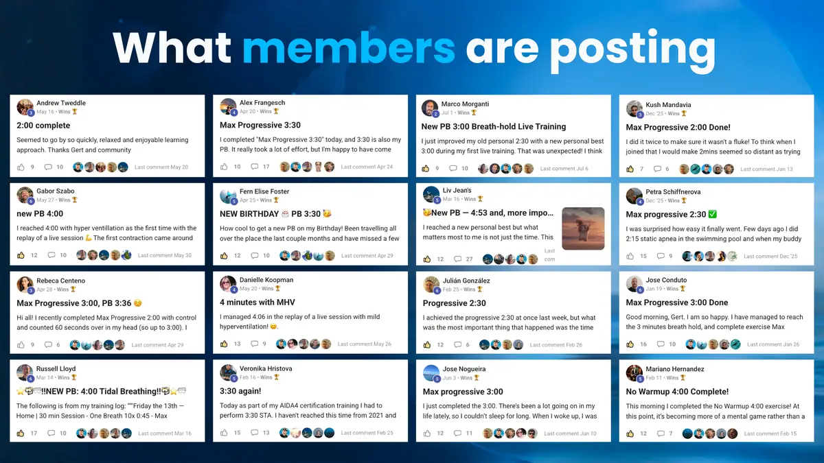 Members of the Underwater Squad community posting their breath-hold personal bests