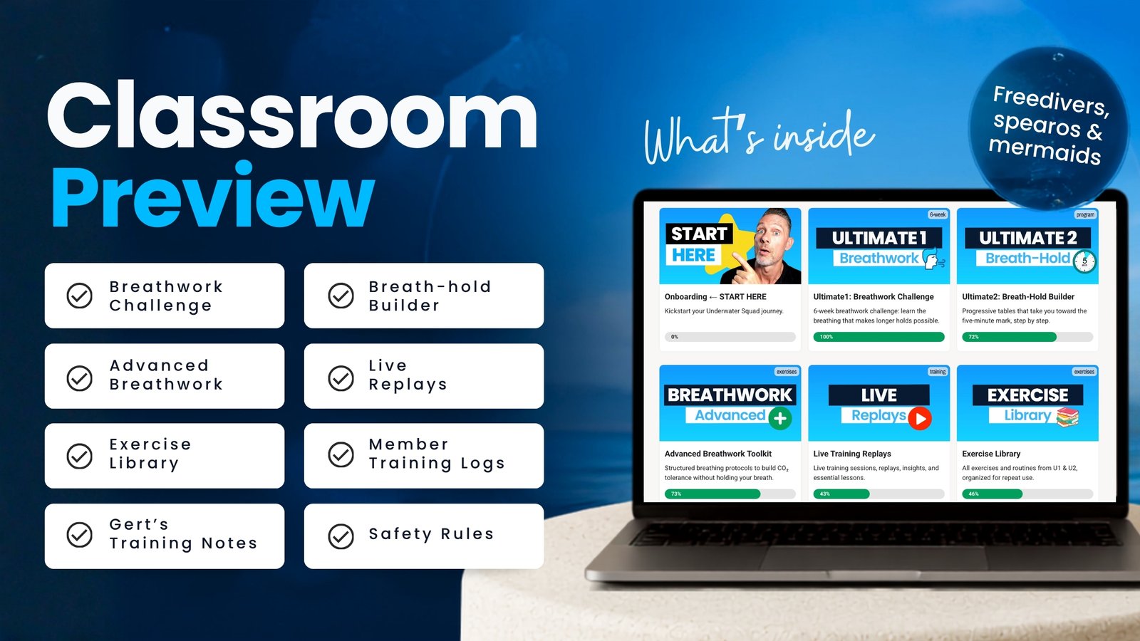 Inside the Underwater Squad classroom: onboarding, Ultimate 1, Ultimate 2, advanced breathwork, live replays and the exercise library