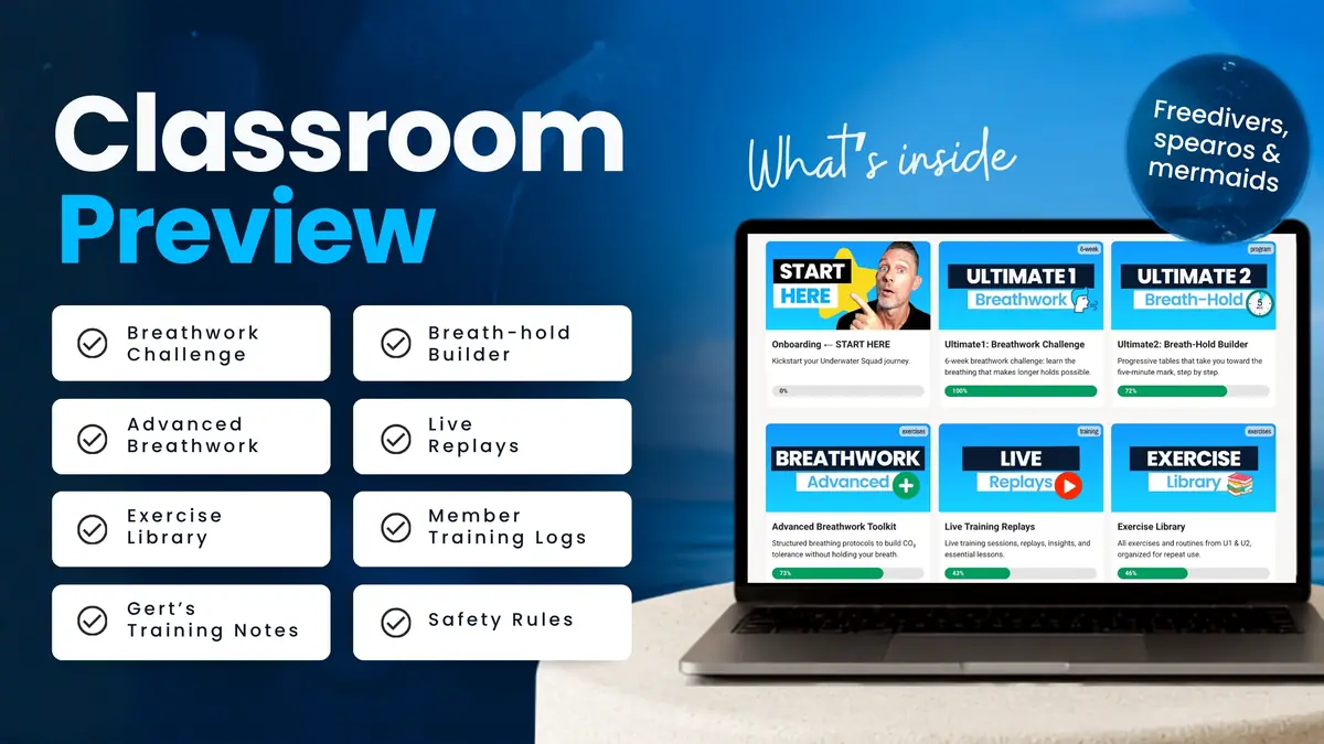 Inside the Underwater Squad classroom: onboarding, Ultimate 1, Ultimate 2, advanced breathwork, live replays and the exercise library
